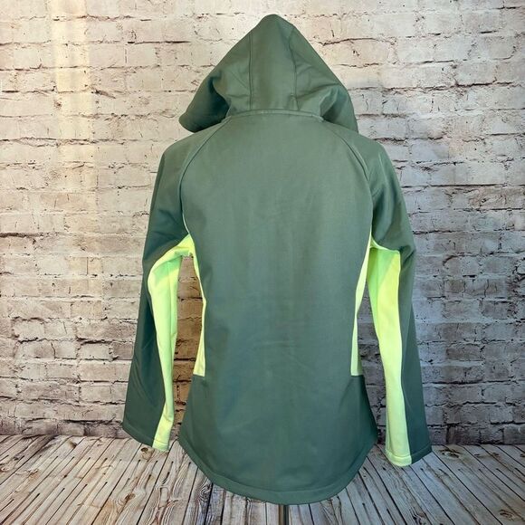 Asics Softshell Green Jacket Hood Full Zip Color Block Rain Water Resistant Med - Picture 4 of 9